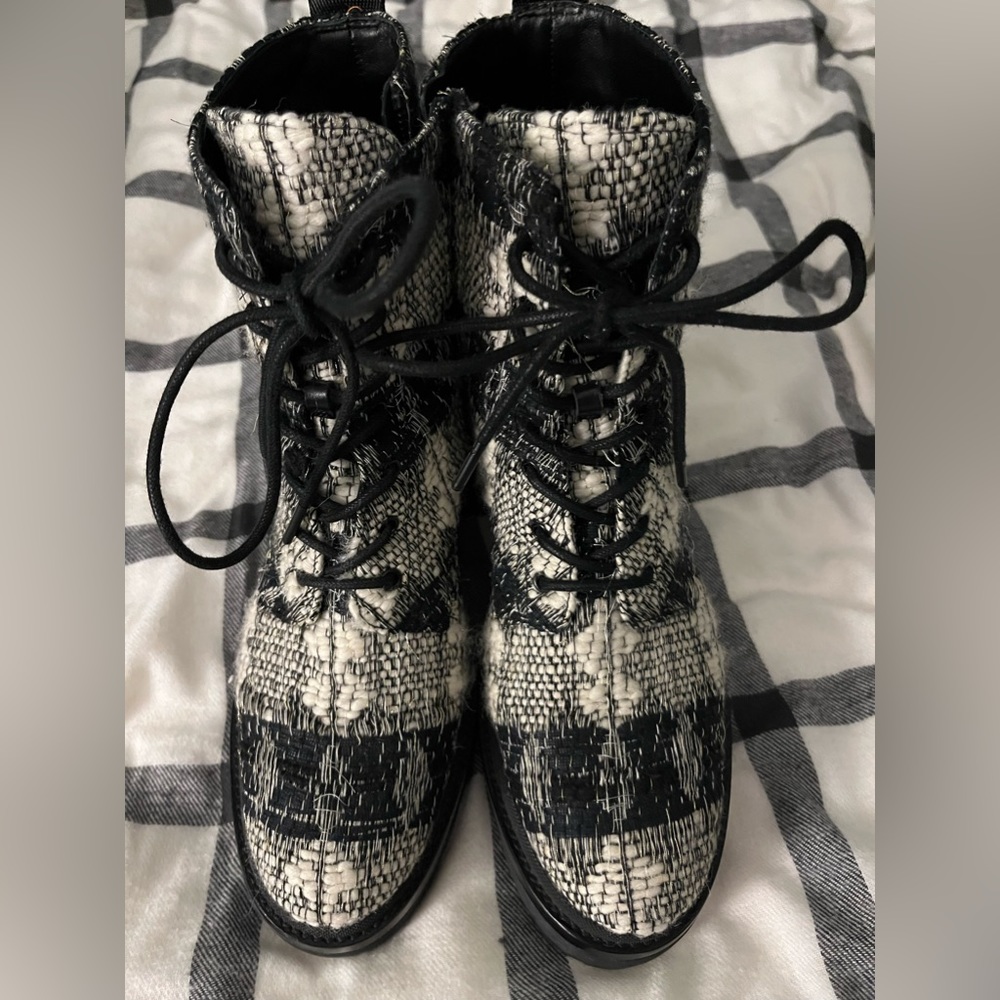 Tory Burch Plaid Ankle Booties - Black and Cream - Picture 2 of 5